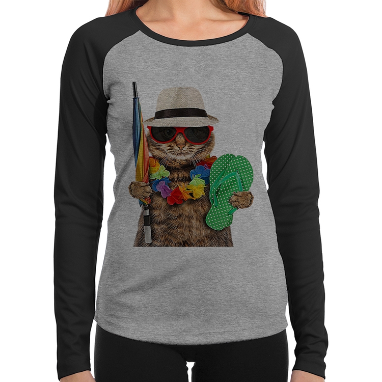 Baby Look Raglan Gato nas Férias Manga Longa - Cinza/Preto