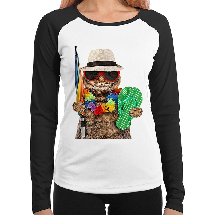 Baby Look Raglan Gato nas Férias Manga Longa