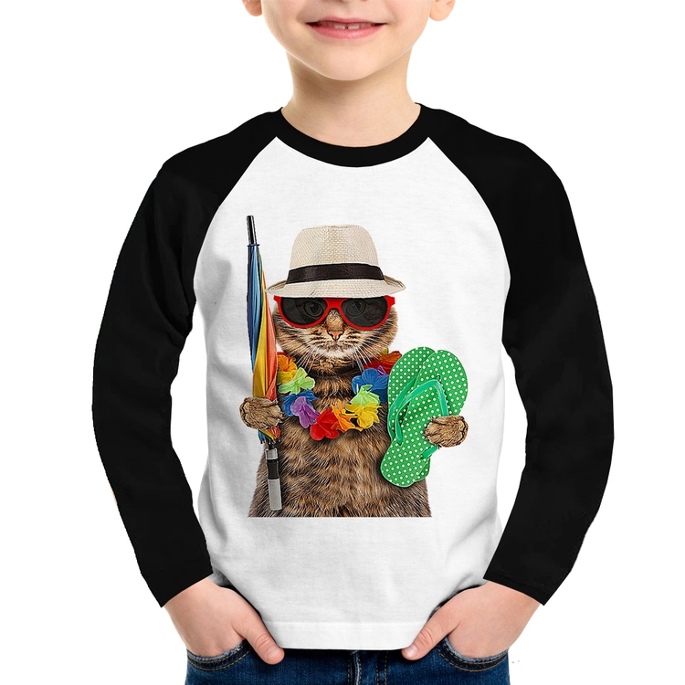 Camiseta Raglan Infantil Gato nas Férias Manga Longa