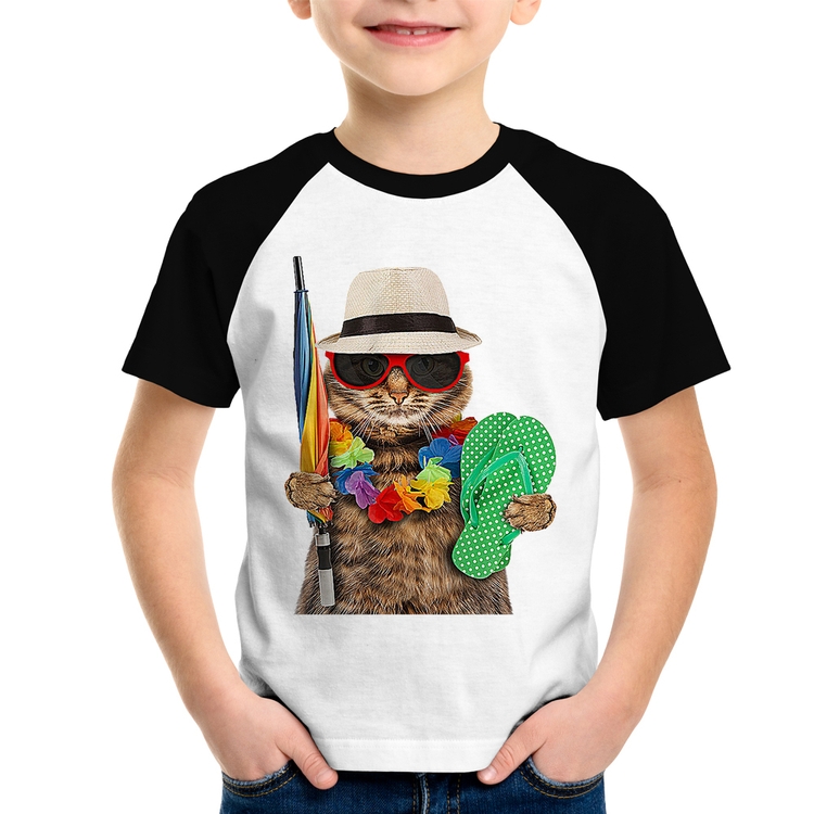 Camiseta Raglan Infantil Gato nas Férias