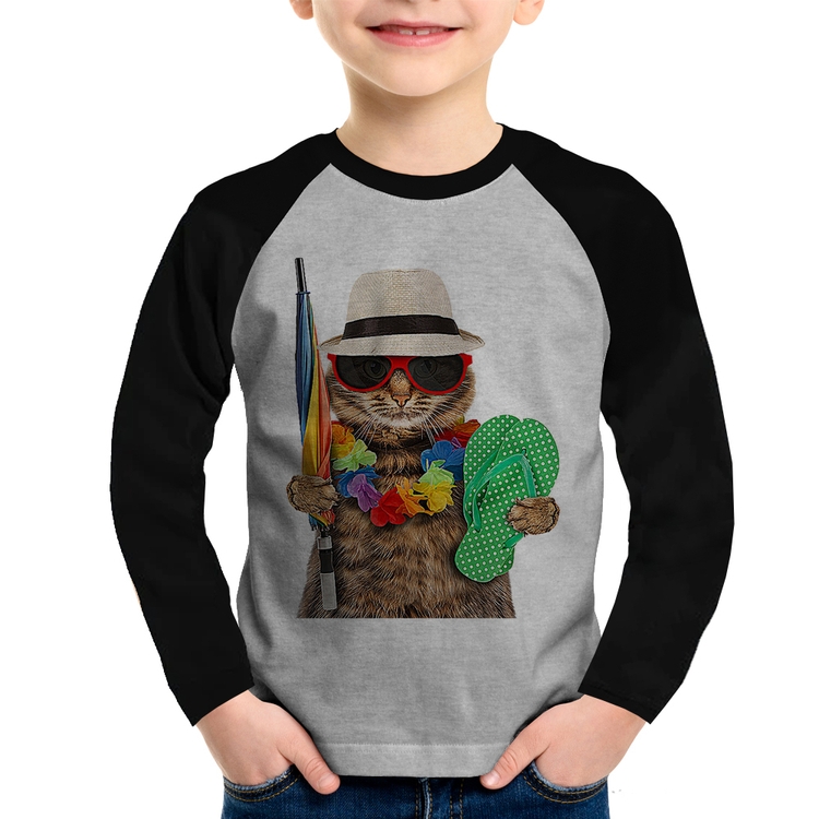 Camiseta Raglan Infantil Gato nas Férias Manga Longa - Cinza/Preto