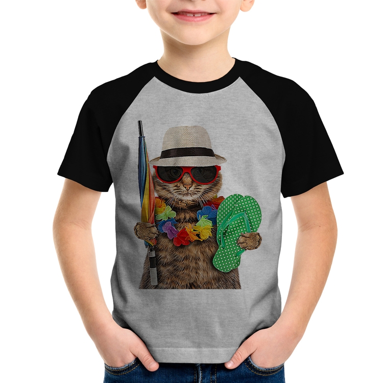 Camiseta Raglan Infantil Gato nas Férias - Cinza/Preto