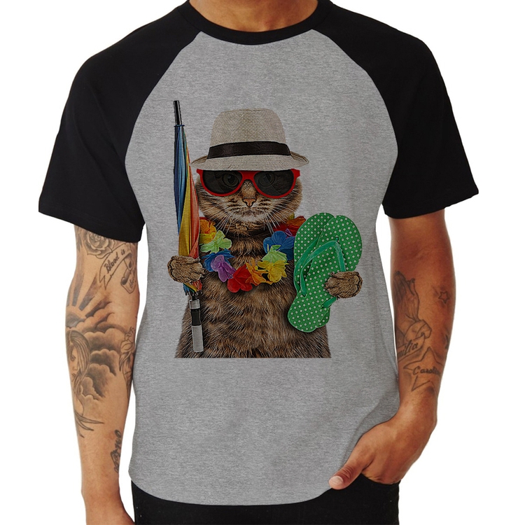 Camiseta Raglan Gato nas Férias - Cinza/Preto