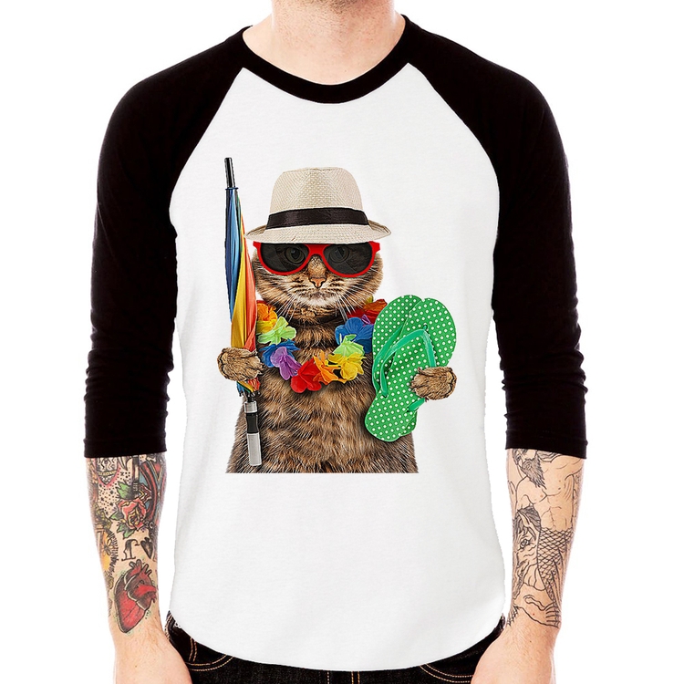 Camiseta Raglan Gato nas Férias Manga 3/4
