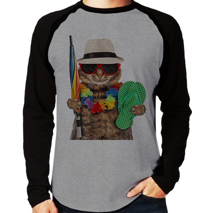 Camiseta Raglan Gato nas Férias Manga Longa - Cinza/Preto