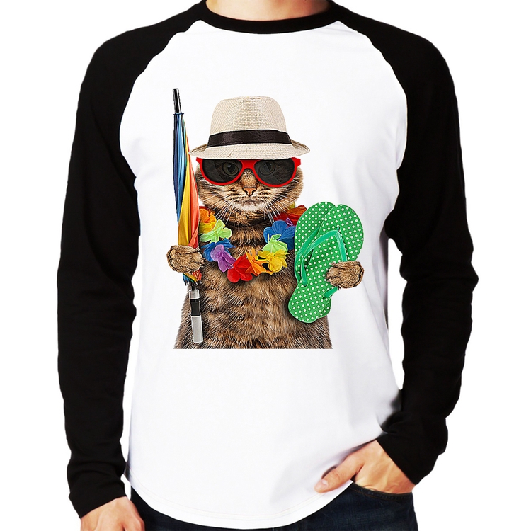 Camiseta Raglan Gato nas Férias Manga Longa