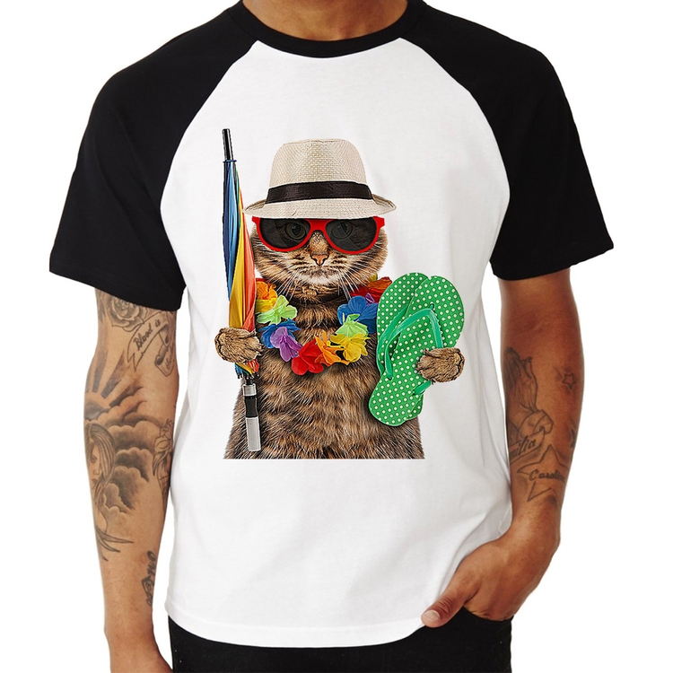 Camiseta Raglan Gato nas Férias