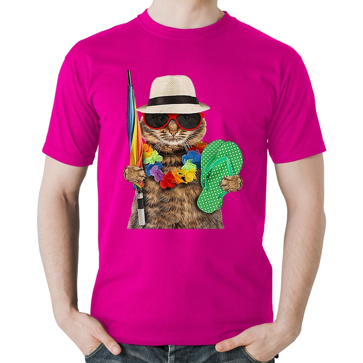 Camiseta Algodão Gato nas Férias - Rosa