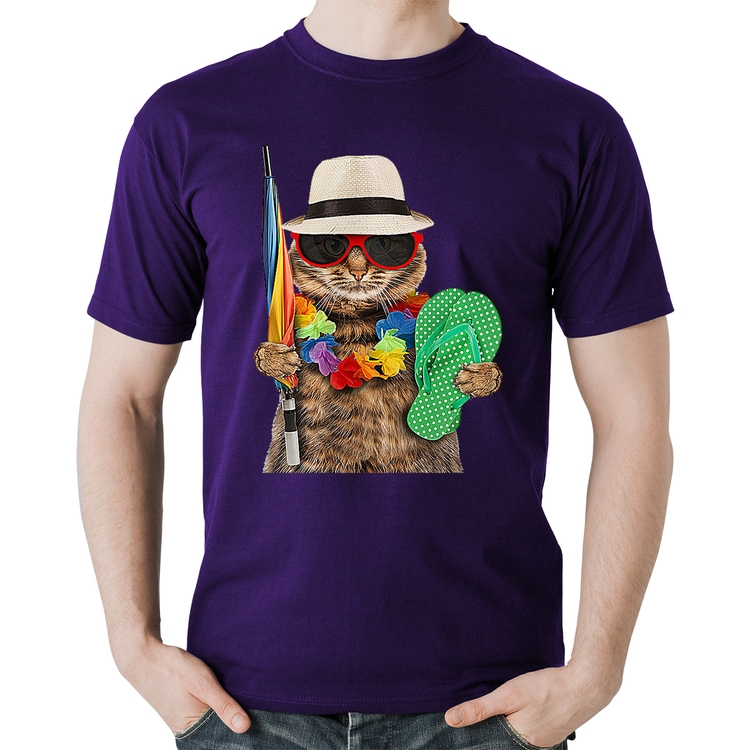 Camiseta Algodão Gato nas Férias - Roxa
