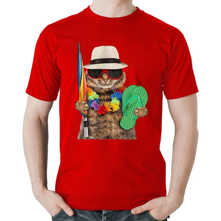 Camiseta Algodão Gato nas Férias - Vermelha