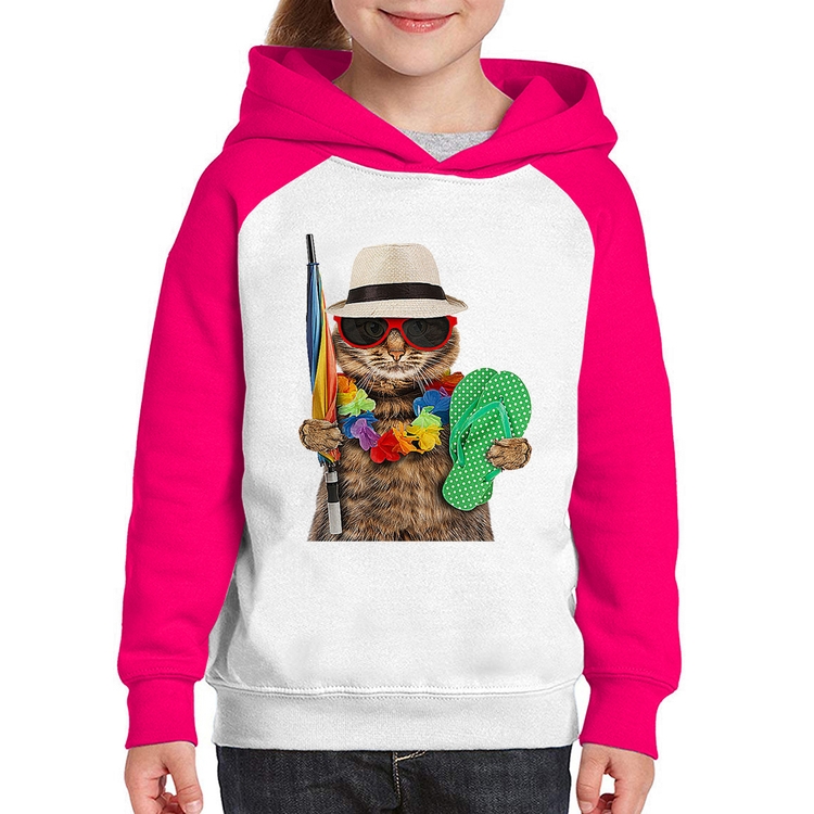 Moletom Infantil Gato nas Férias - Branco/Rosa