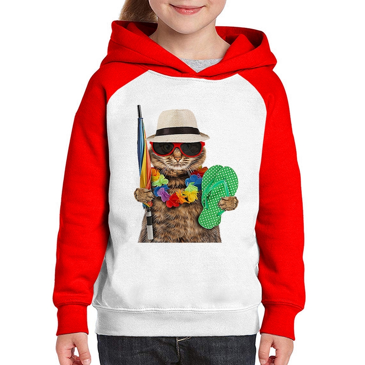Moletom Infantil Gato nas Férias - Branco/Vermelho