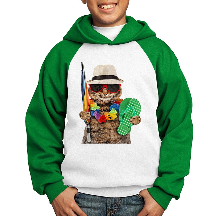 Moletom Infantil Gato nas Férias - Branco/Verde