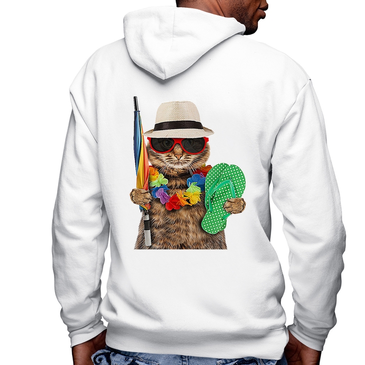 Blusa Moletom Gato nas Férias Masculina com Capuz e Zíper - Branca