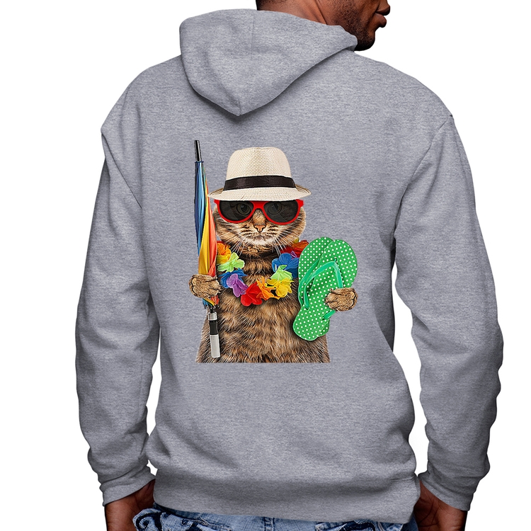 Blusa Moletom Gato nas Férias Masculina com Capuz e Zíper - Mescla