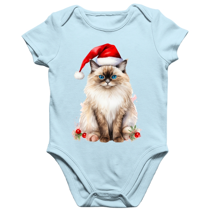 Body Bebê Algodão Gato Natalino - Azul Bebê