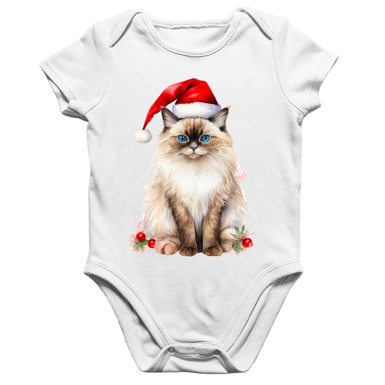 Body Bebê Algodão Gato Natalino - Branco