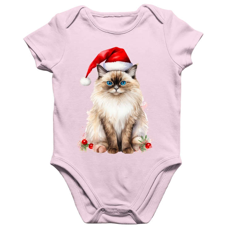 Body Bebê Algodão Gato Natalino - Rosa Bebê