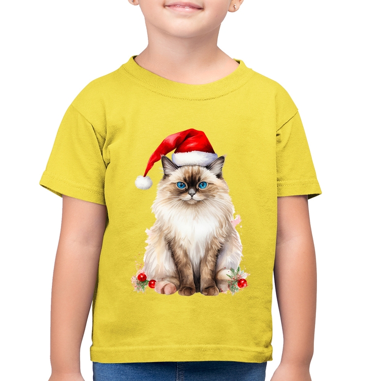 Camiseta Algodão Infantil Gato Natalino - Amarelo Canário