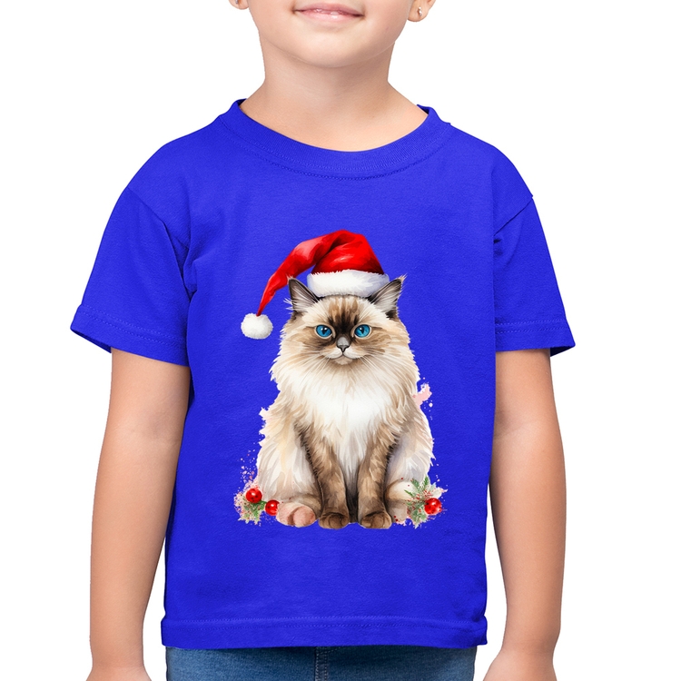 Camiseta Algodão Infantil Gato Natalino - Azul Royal