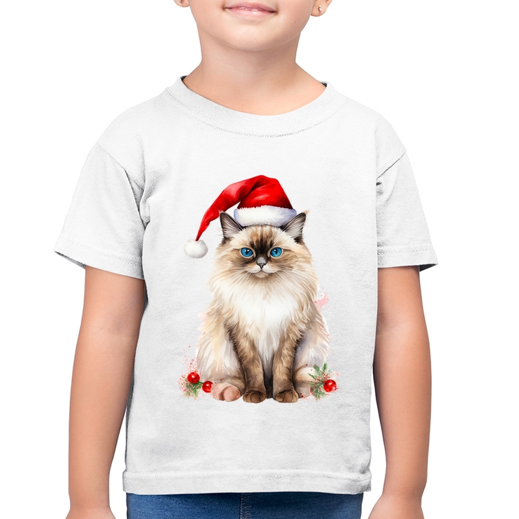 Camiseta Algodão Infantil Gato Natalino - Branca