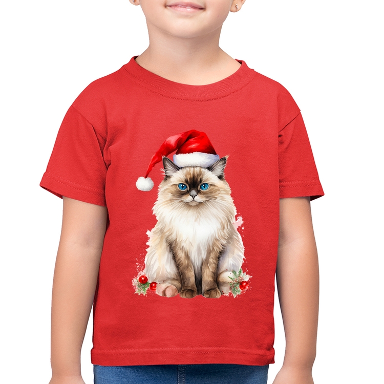 Camiseta Algodão Infantil Gato Natalino - Vermelha