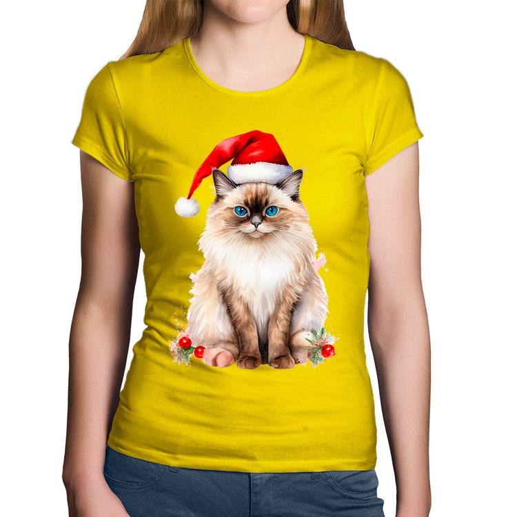 Baby Look Algodão Gato Natalino - Amarela