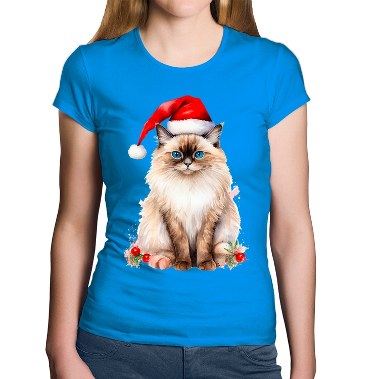 Baby Look Algodão Gato Natalino - Azul