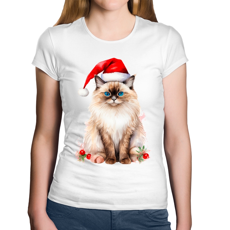 Baby Look Algodão Gato Natalino - Branca