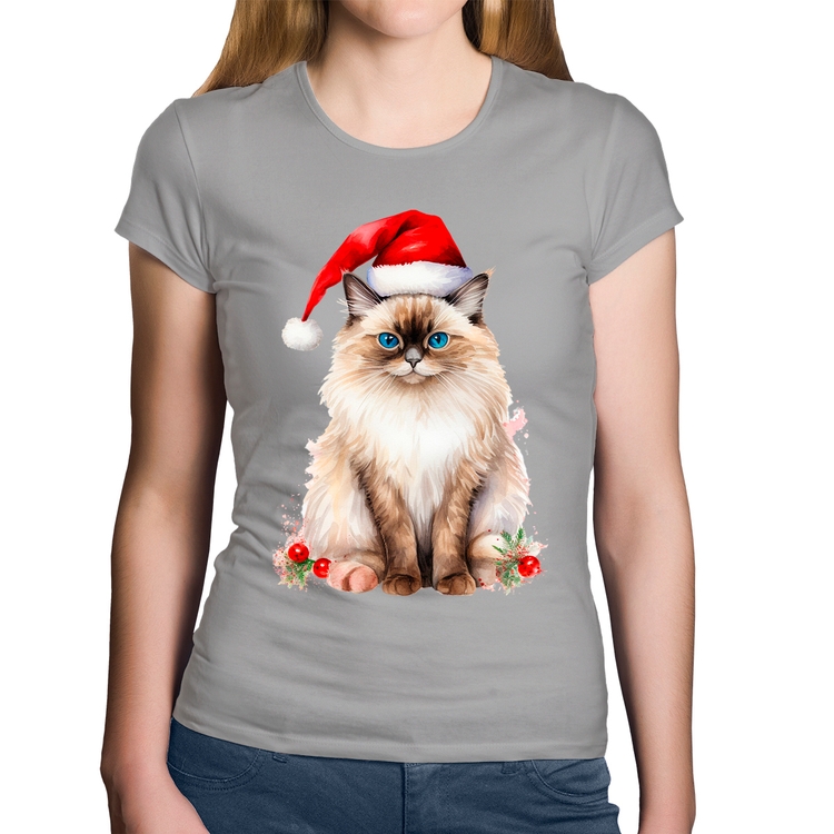 Baby Look Algodão Gato Natalino - Cinza