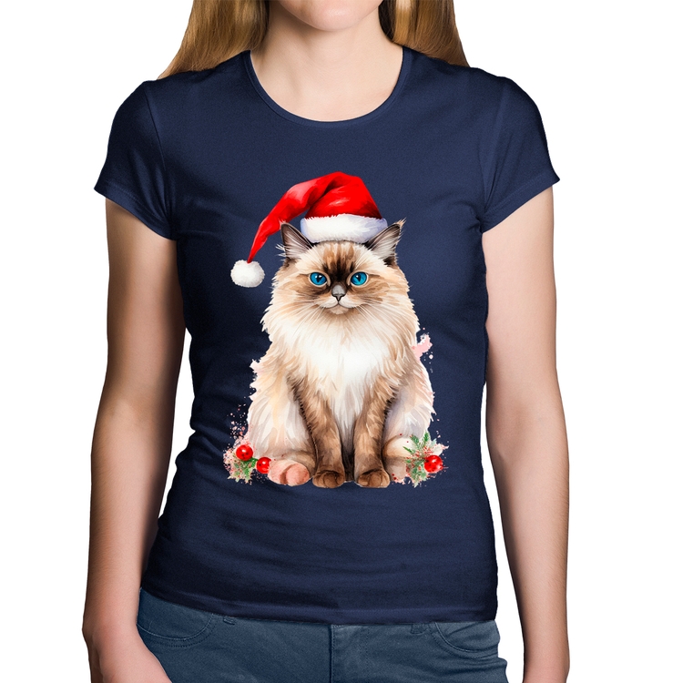 Baby Look Algodão Gato Natalino - Marinho