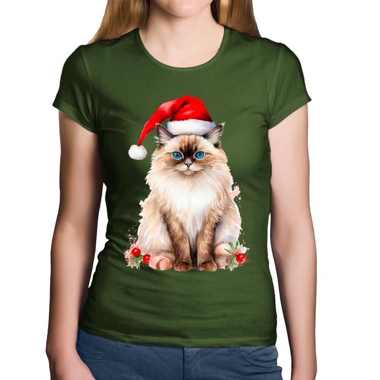 Baby Look Algodão Gato Natalino - Musgo