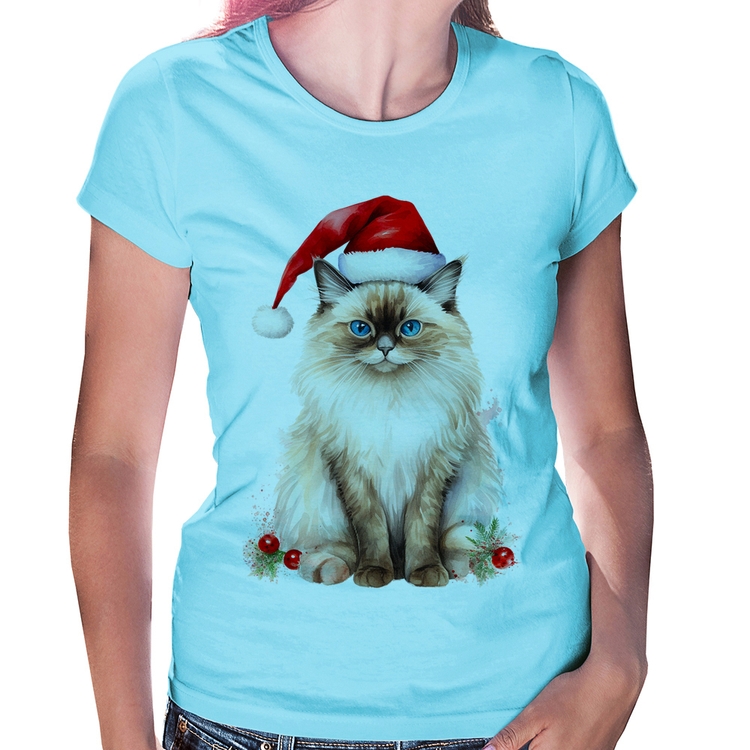 Baby Look Gato Natalino - Azul Bebê