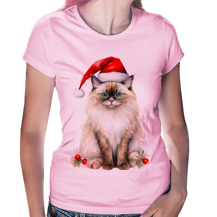 Baby Look Gato Natalino - Rosa Bebê