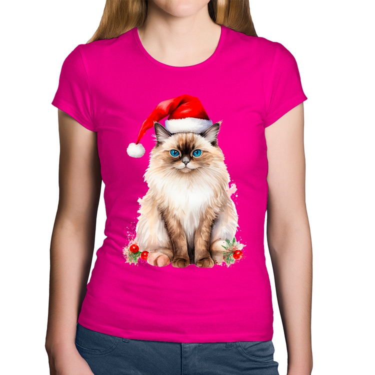 Baby Look Algodão Gato Natalino - Rosa