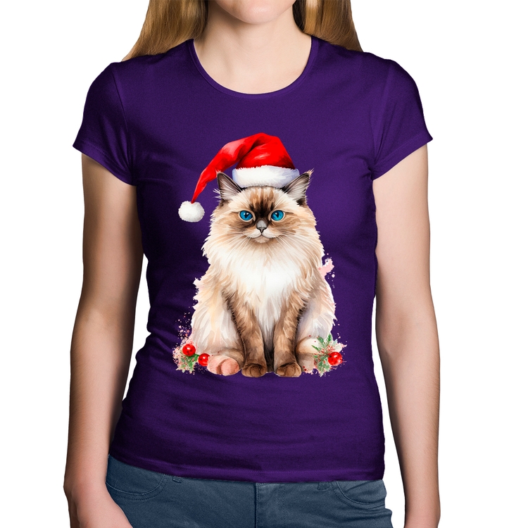 Baby Look Algodão Gato Natalino - Roxa