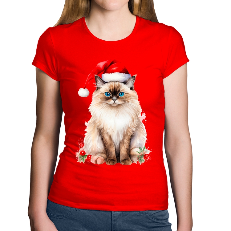 Baby Look Algodão Gato Natalino - Vermelha