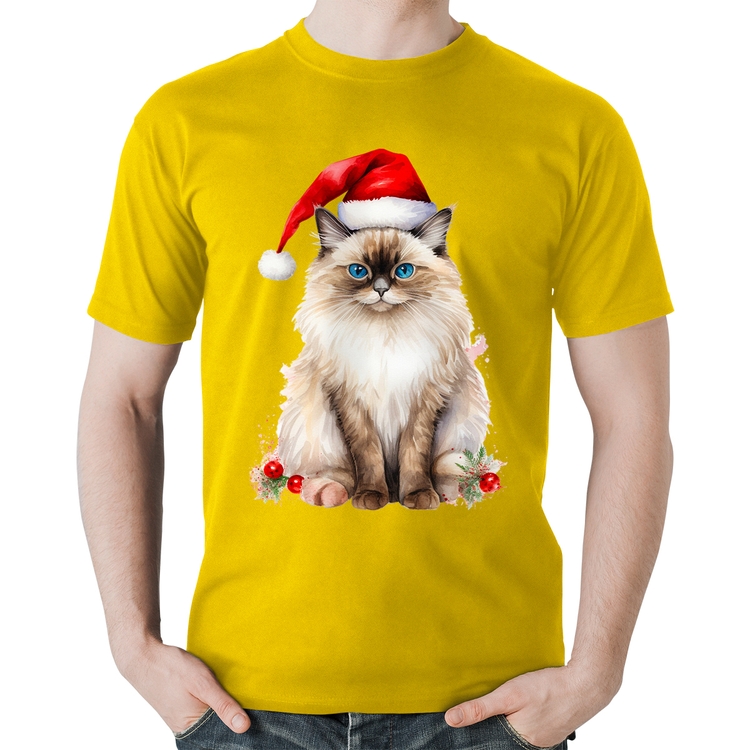 Camiseta Algodão Gato Natalino - Amarela