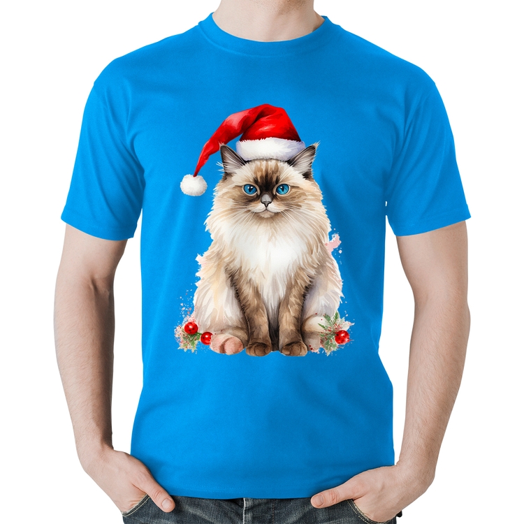 Camiseta Algodão Gato Natalino - Azul