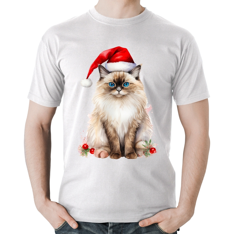 Camiseta Algodão Gato Natalino - Branca