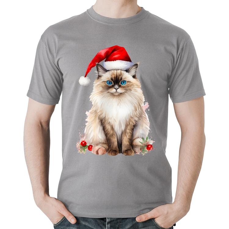 Camiseta Algodão Gato Natalino - Cinza