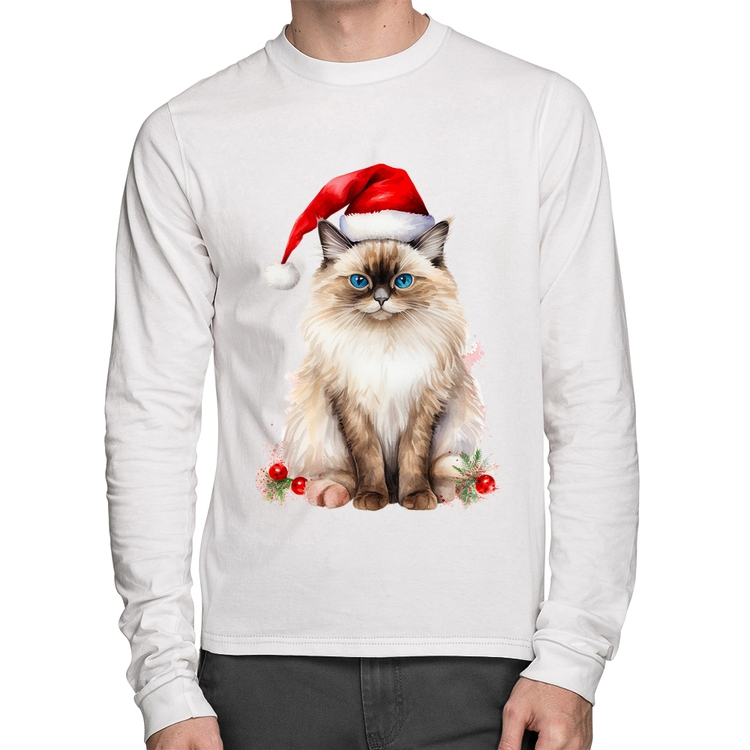Camiseta Algodão Gato Natalino Manga Longa - Branca