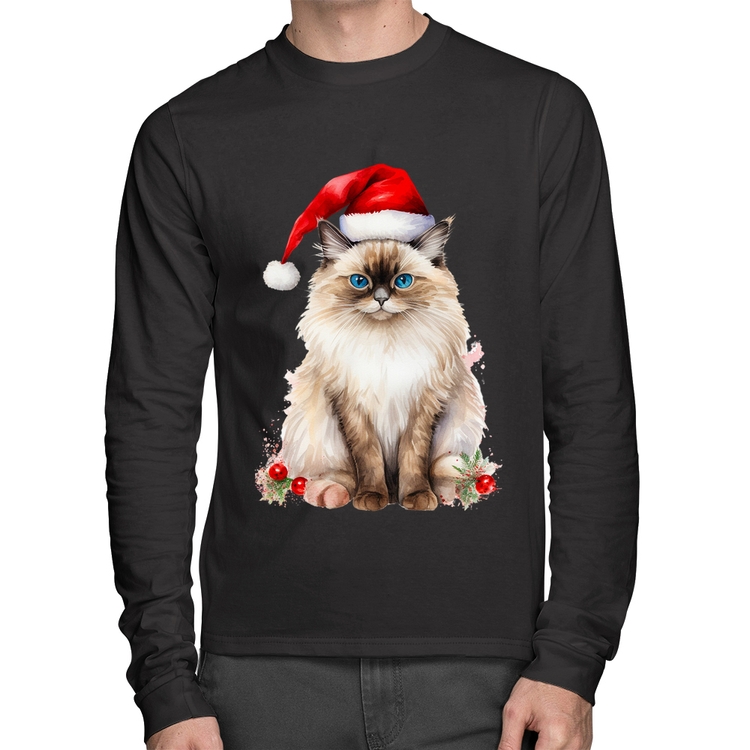 Camiseta Algodão Gato Natalino Manga Longa