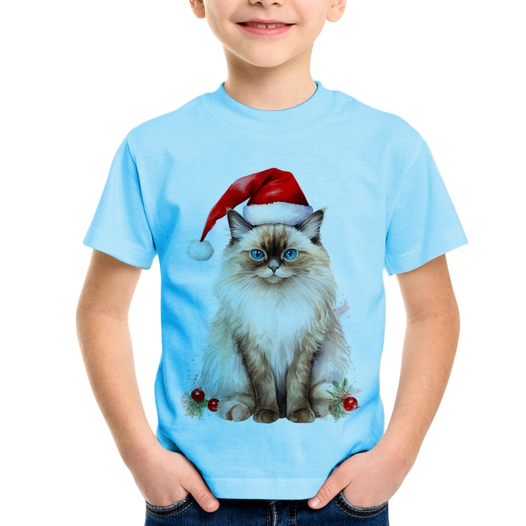 Camiseta Infantil Gato Natalino - Azul Bebê