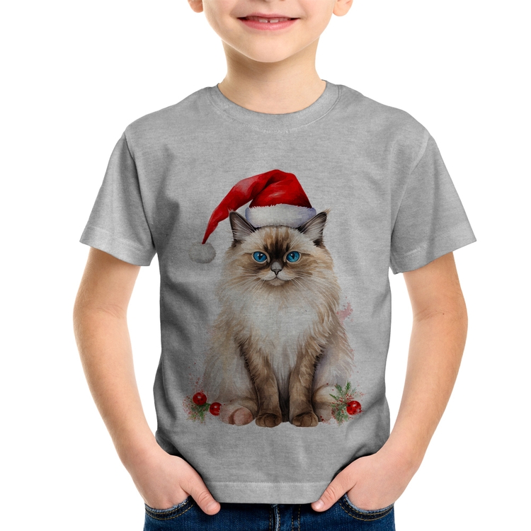 Camiseta Infantil Gato Natalino - Cinza