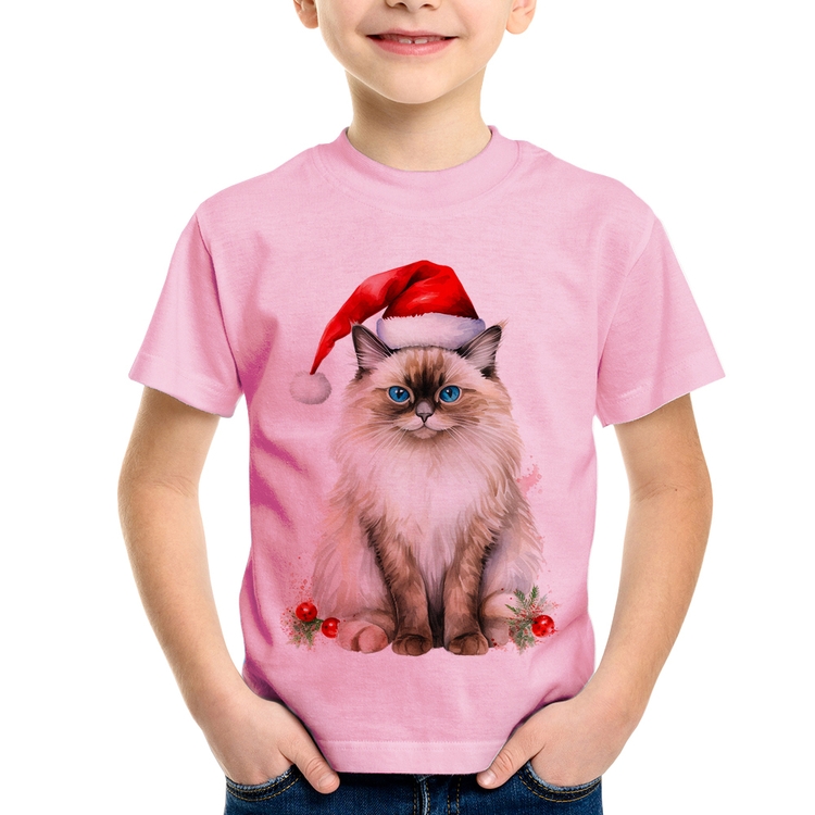 Camiseta Infantil Gato Natalino - Rosa Bebê