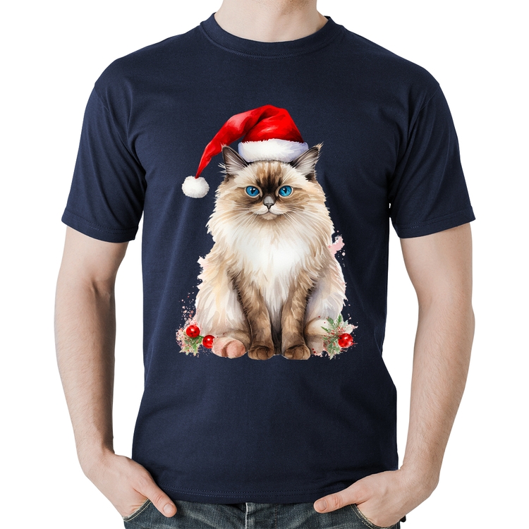 Camiseta Algodão Gato Natalino - Marinho