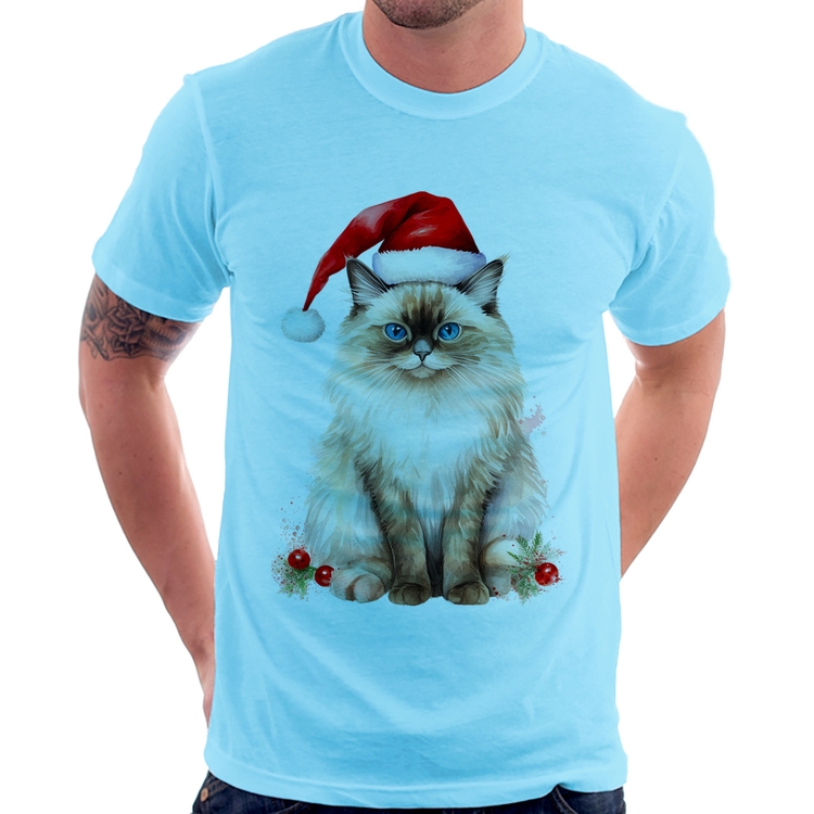 Camiseta Gato Natalino - Azul Bebê