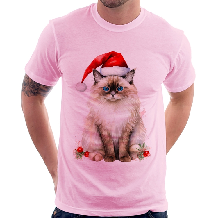 Camiseta Gato Natalino - Rosa Bebê