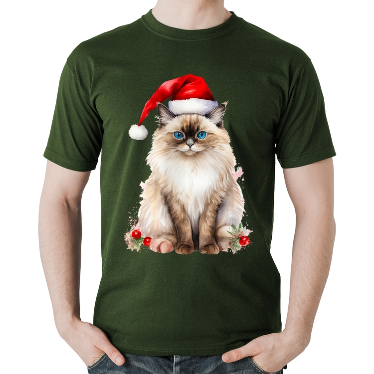 Camiseta Algodão Gato Natalino - Musgo